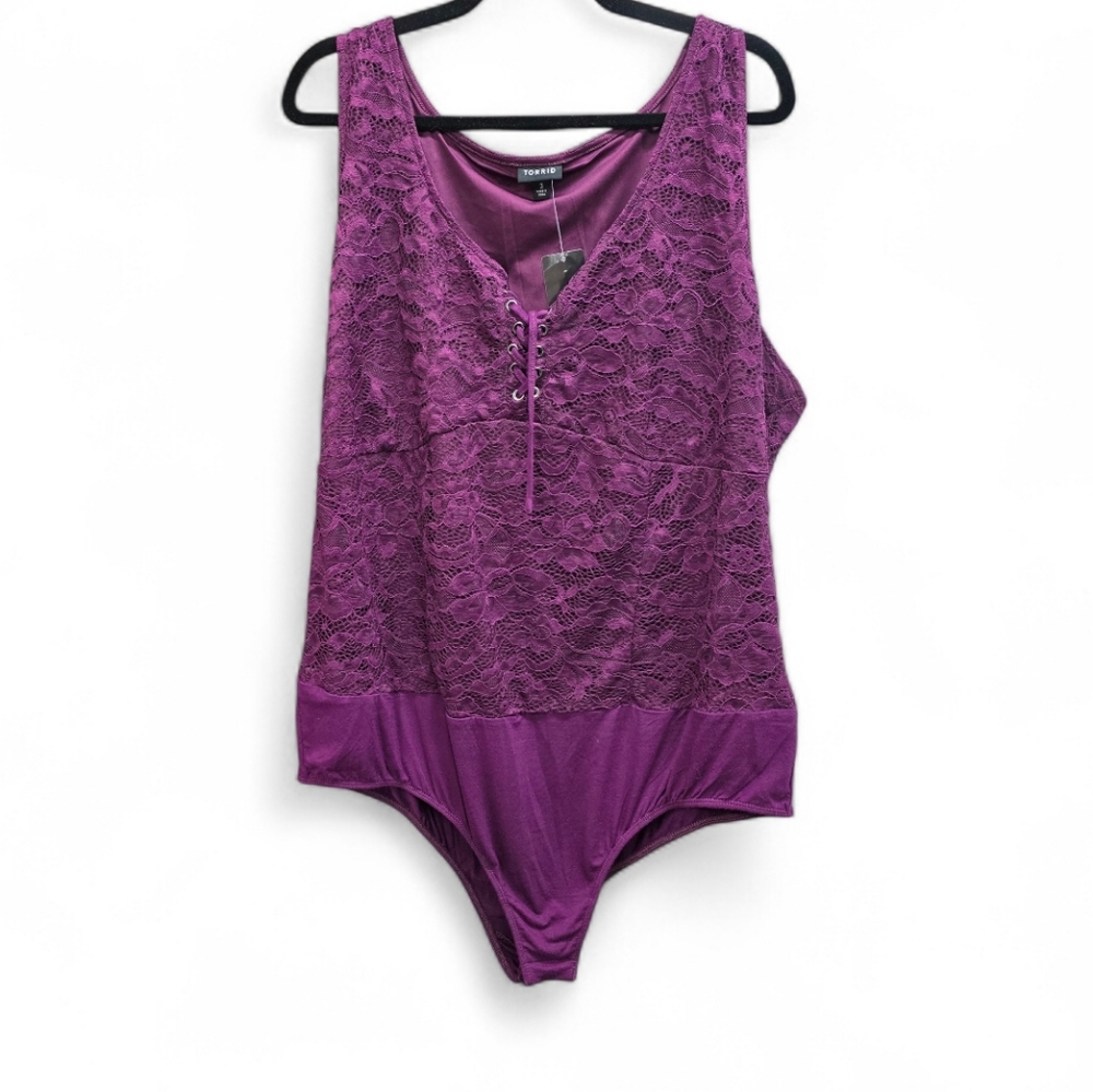 Torrid Deep Purple Lace Up Bodysuit Sleeveless Lace Bodice NWT Size 3X 22/24